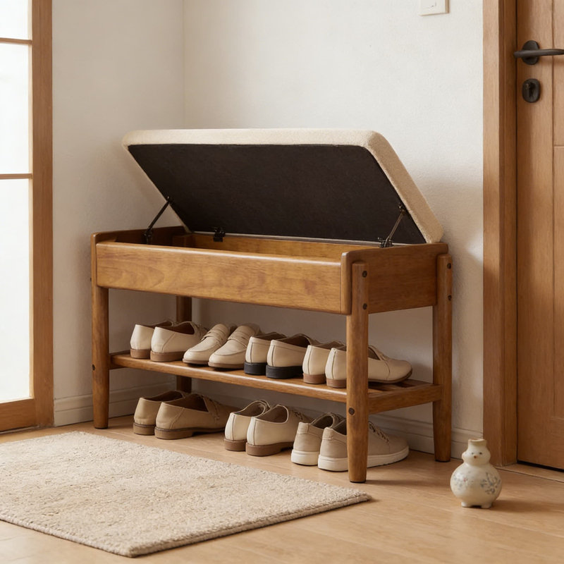 Solid Wood Shoe Bench With Storage Seat And Flip-Top Compartment, 2-Tier Shoe Rack Organizer For Entryway, Hallway, And Living Room