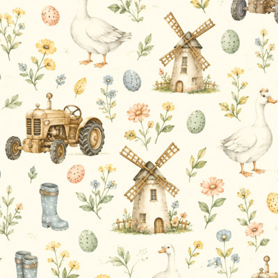 Peel and Stick Wallpaper Vintage Farmyard Geese Windmills Floral Elements Contact Paper Removable Self Adhesive Wall Mural Wall Decor for Bedroom Kitchen Cabinets 17.7in x 118in
