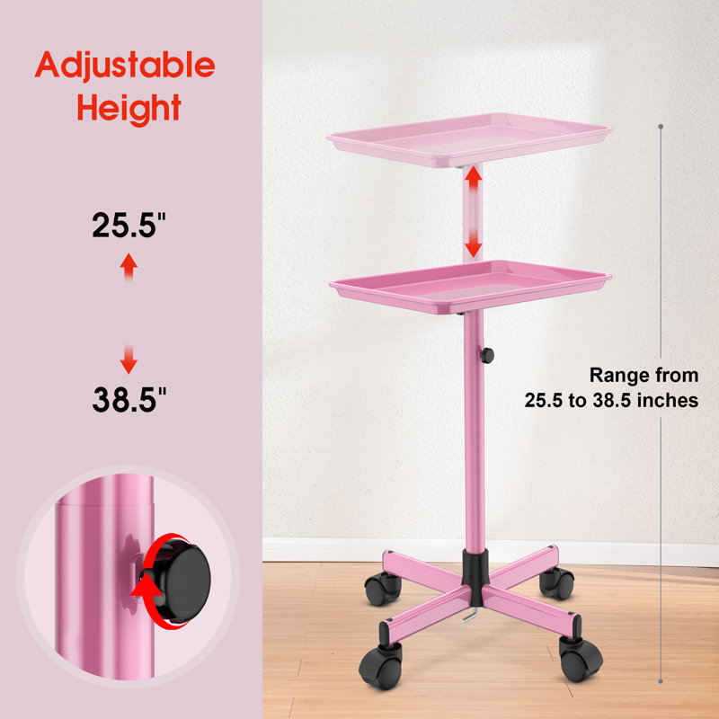 Utility Cart with Wheels Adjustable Height Storage Cart with Tray Rolling craft cart, Pink