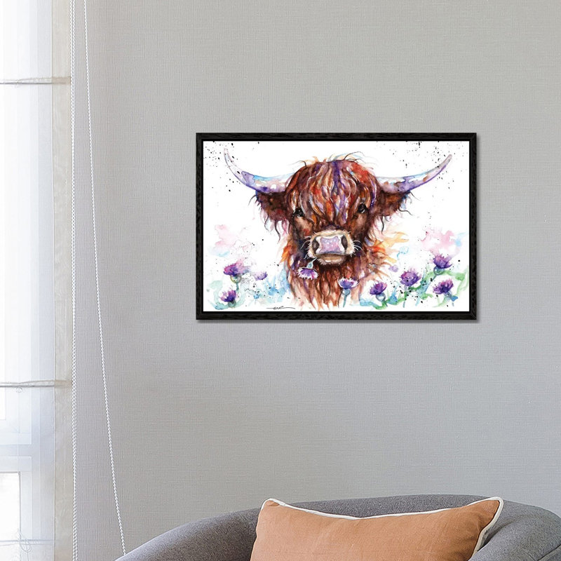 Highland Cow Among The Thistles by BebesArts - Wrapped Canvas Painting, 45.72 cm H x 66.04 cm W x 3.175 cm D