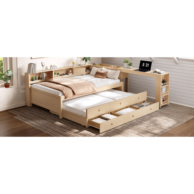 Tarazon L-Shaped Twin Daybed With Trundle, Integrated Desk And Storage Shelves, Durable Wood, Golden, Twin