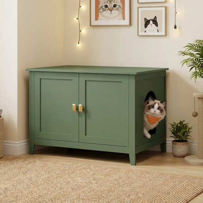 Modern Hidden Cat Litter Box Furniture With Double Doors, Handles, Indoor Pet House Washroom