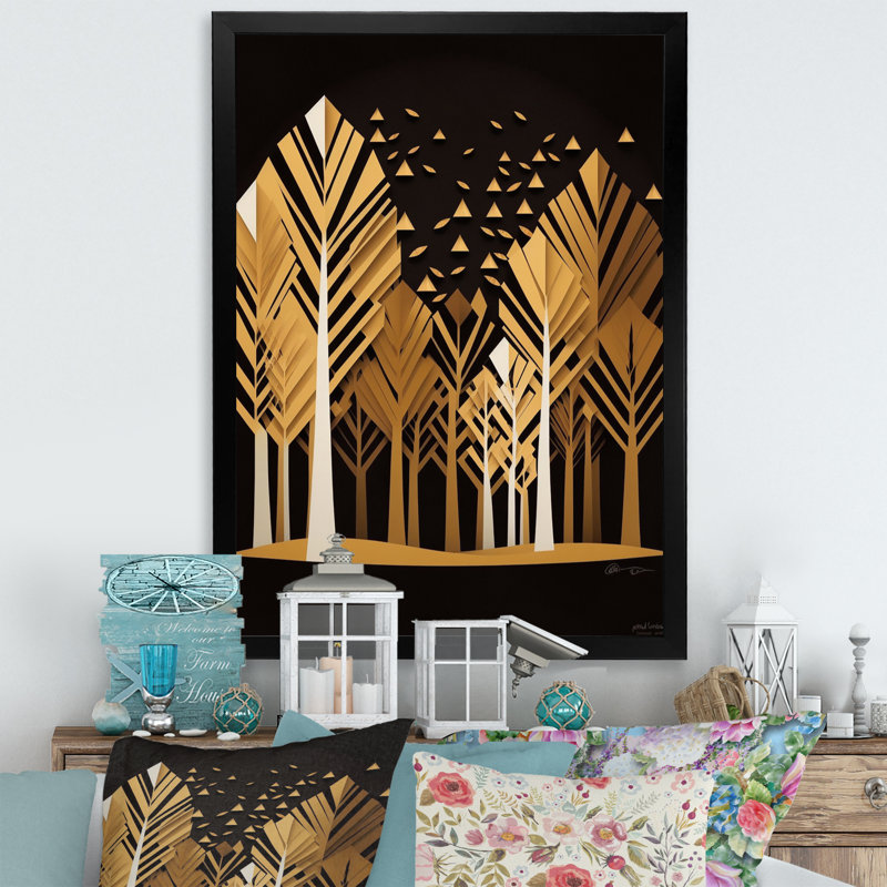 Abstrait forêt dorée sur toile, Cadre simple noir, H 44 po x l 34 po x P 1,5 po