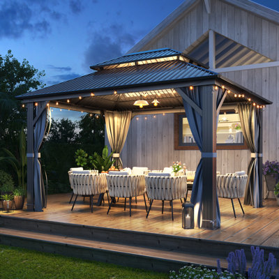 Outdoor Aluminum Patio Gazebo - Galvanized Steel Hardtop Gazebo with Netting & Curtains