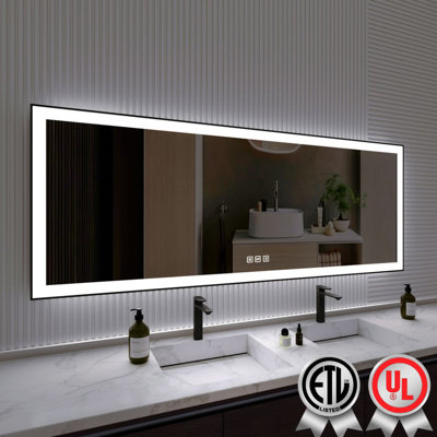 84 in. W * 32 in. H Rectangular Framed Anti-Fog LED Wall Bathroom Vanity Mirror in Black with Backlit and Front Light