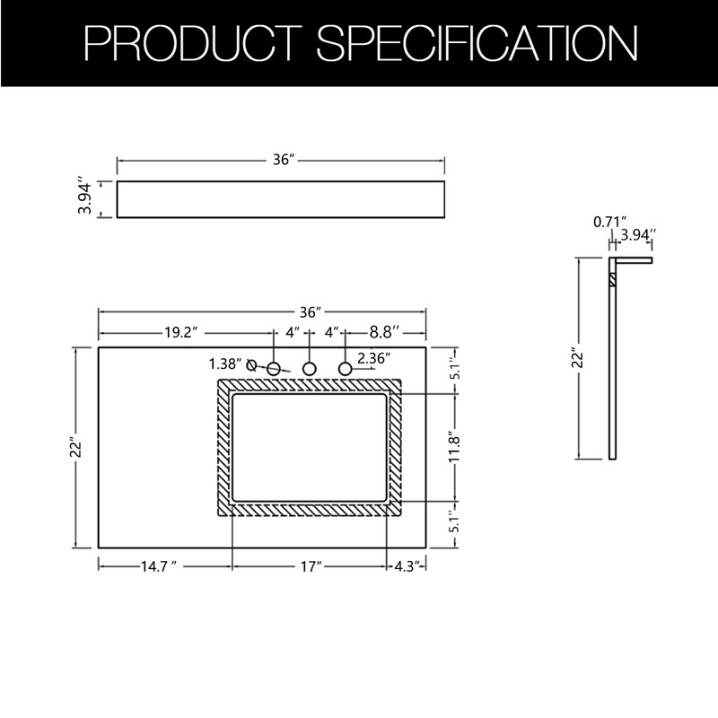 Plateau de meuble-lavabo simple 36 po avec lavabo en quartz 36 po