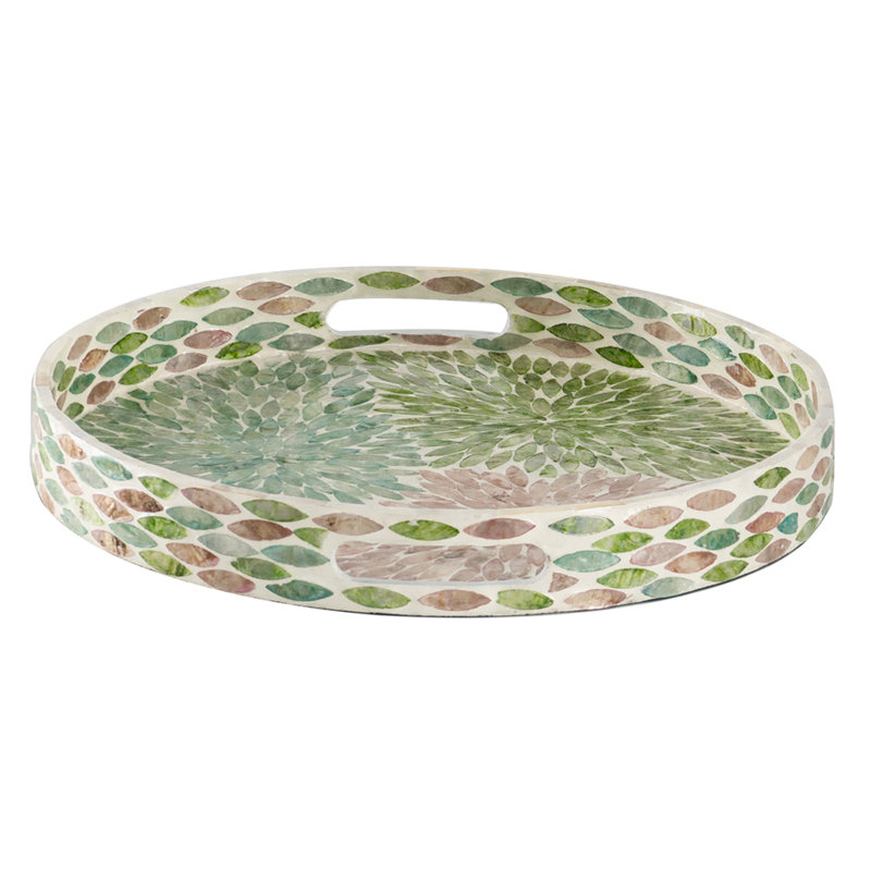 Milo Decorative Round Tray, Mosaic Surface, Multi-Color Capiz Shell 16 Inch, 15.7" W x 15.7" D x 2" H