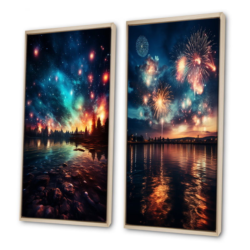 Feu d'artifice vert et rouge au bord du lac II - ensemble de 2 reproductions d'art sur toile, Cadre flottant brun