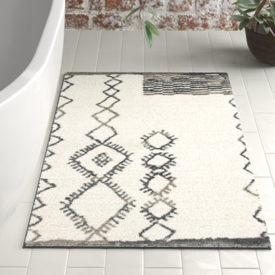 Kaylee Sahara Boho Stain/Fade Resistant Non-Slip Machine Washable Grey/Ivory Bath Rug