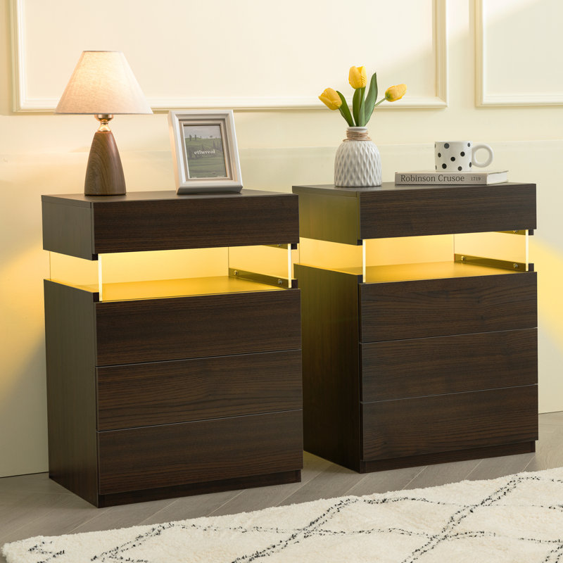 Table de chevet moderne à DEL 27 po avec 4 tiroirs 27 po, Noyer, Ensemble de 2