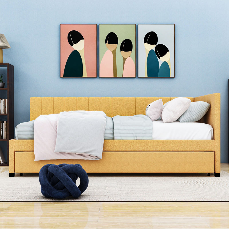 Linen Upholstered Daybed with Twin Trundle, Twin, Yellow
