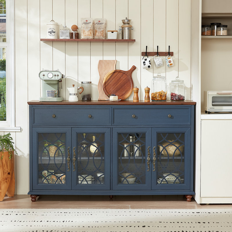 Farmhouse Sideboard Buffet Cabinet With Storage,59" Large Credenza With 4 Glass Doors & 2 Drawers,Adjustable Shelves Console Table,Wood Kitchen Coffee Bar For Dining Room,Living Room