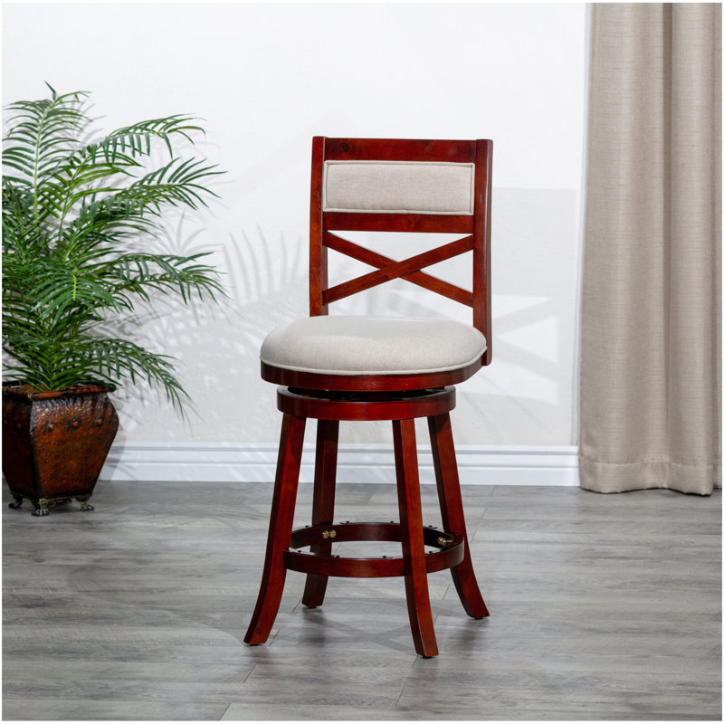 30" Bar Height X-Back Swivel Stool, Cherry Finish, Fabric Seat, Bar Stool (30" Seat Height), Cherry, White