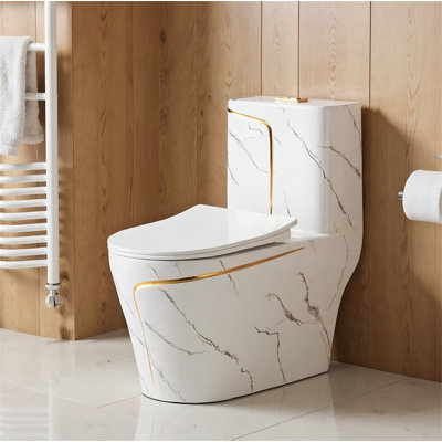 White + Gold 1.6 Gallon Gpf Extended Comfort Height Floor-mounted One-piece Patterned Toilet (includes Seat)