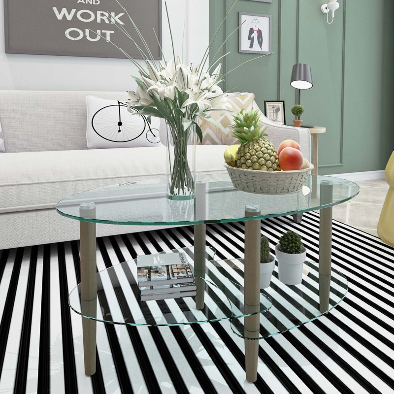 Table basse ovale transparente en verre, Noir, Brown