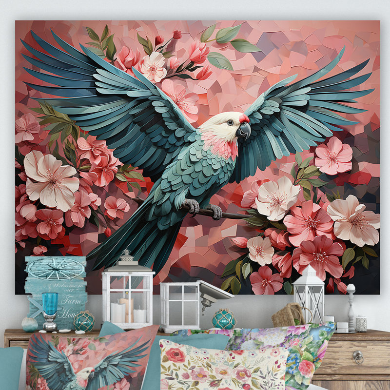 «Blue and Pink Parrot Paradise IV», art mural perroquet, Toile tendue, H 30 po x l 40 po x P 1,5 po