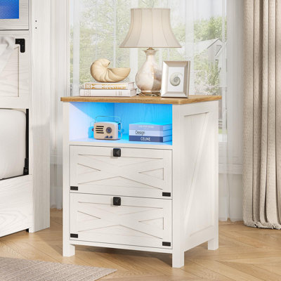 Table de chevet pour chambre à coucher avec station de charge et lumière DEL, table de chevet avec 2 tiroirs et rangement ouvert, blanc rétro rustique