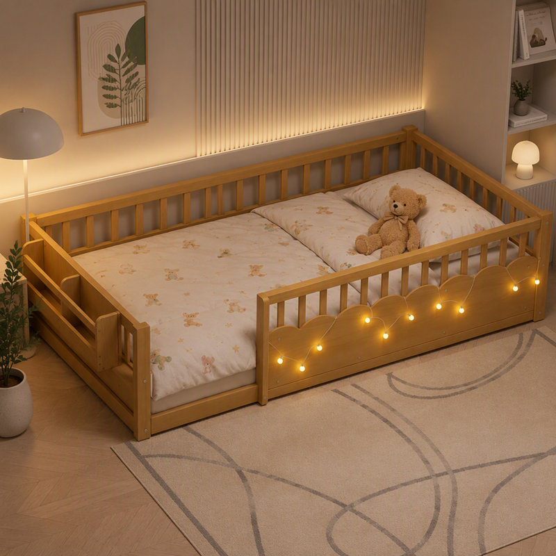 Lit de sol simple avec barrières de sécurité, guirlande lumineuse intégrée et étagère., Naturel