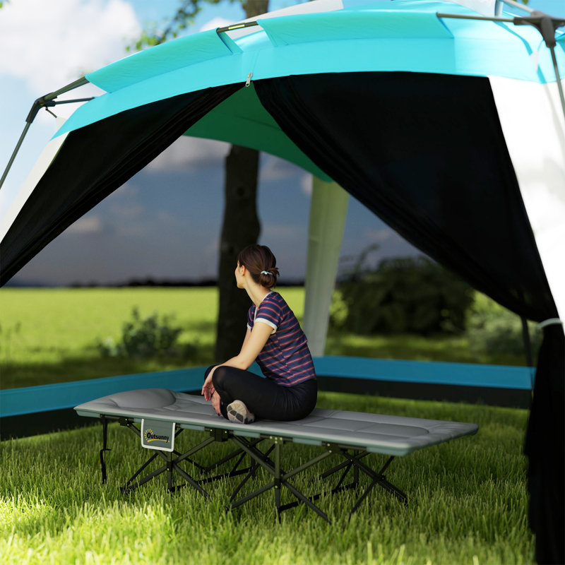 Lit de camping avec coussin, lit pliant portatif, gris