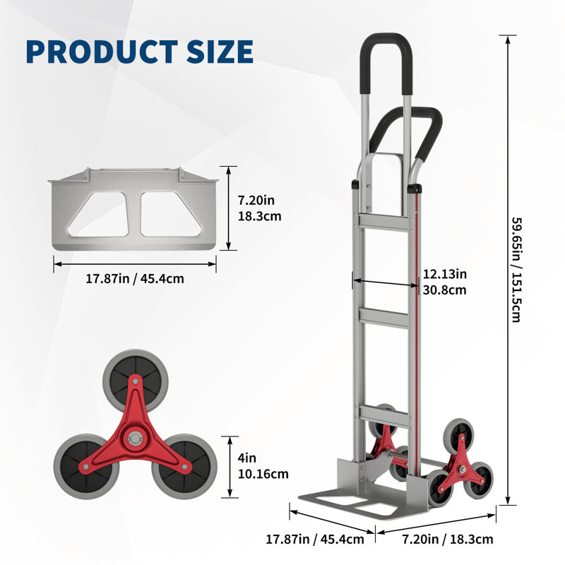 Diable robuste d'escalier 550 lb à 10 roues 3 en 1 poignée télescopique pliable, Rouge