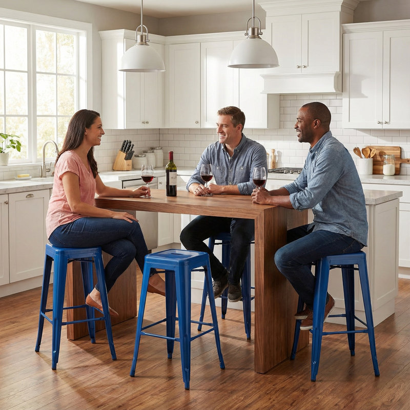 Counter Stool with Metal Frame, Blue