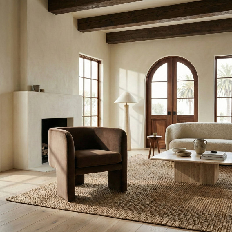 Ellum Upholstered Barrel Chair, Dark Brown Velvet