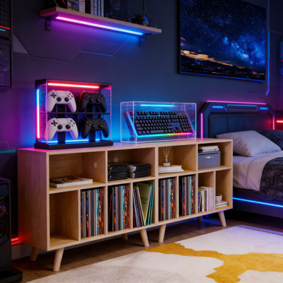 Grand support de tourne-disque en vinyle avec armoire de rangement pour jusqu'à 350 albums, station de charge intégrée avec ports AC / USB / Type-C, tablette en bois pour le salon