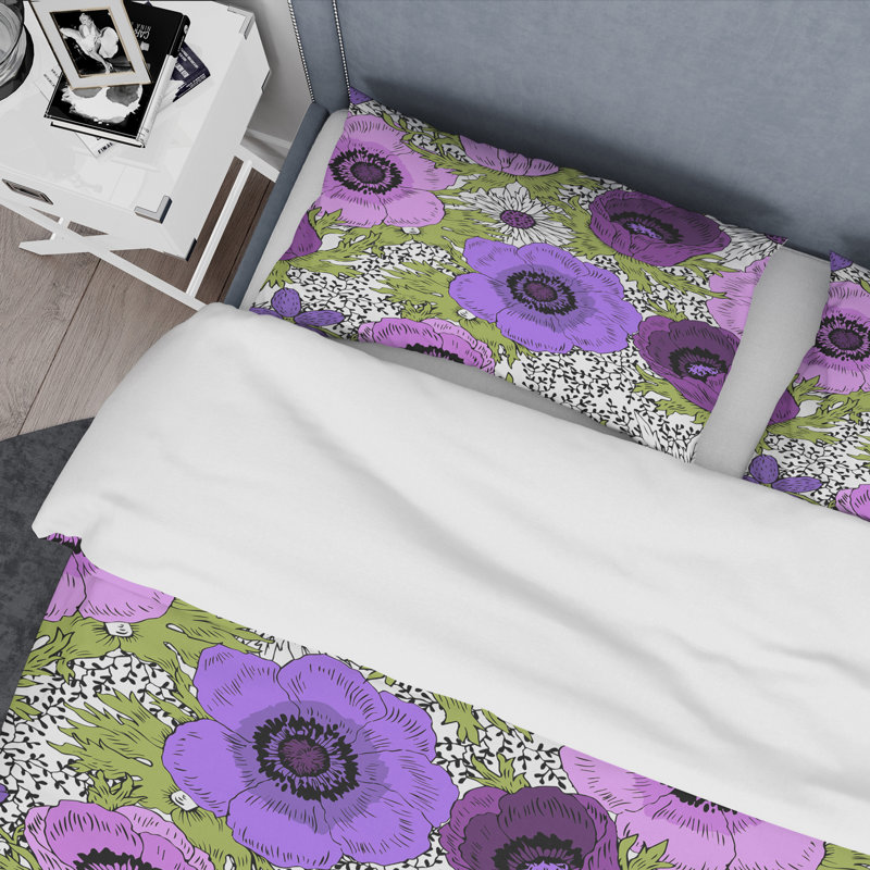 Ensemble de housse de couette à fleurs en monochrome rétro mid-century, Housse de couette très grand + 2 taies décoratives