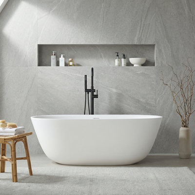 Pensen 59" Solid Surface Freestanding Bathtub, Oval Shaped Soaking Stone Resin Bath Tub With Overflow And Pop Up Drain, Matte White Stand Alone Bathtub, Cupc Certified