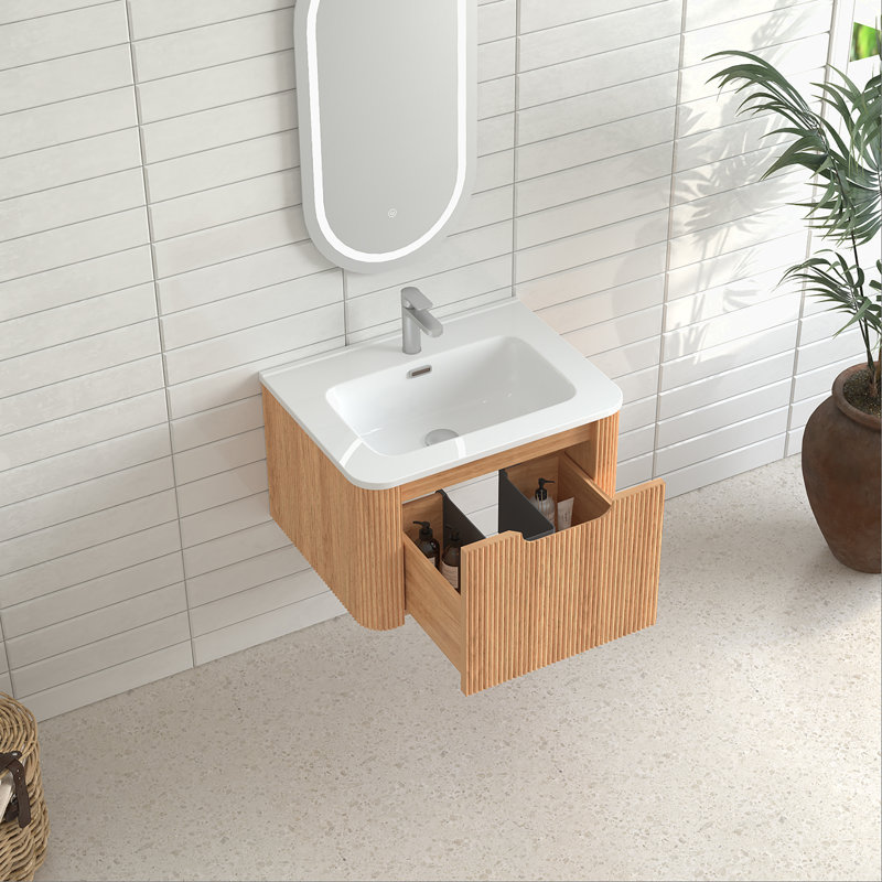 Armoire de salle de bain flottante murale 24 po pré-assemblée à bord arrondi de couleur noyer naturel avec cuve en céramique blanche