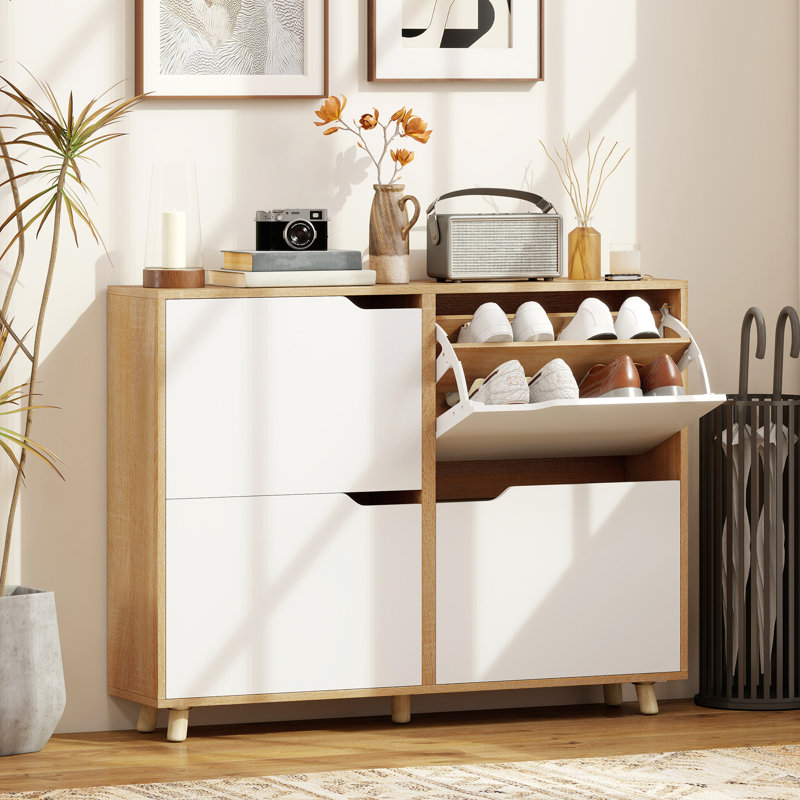 Armoire à chaussures, armoire de rangement à chaussures avec 4 tiroirs rabattables, naturel, Naturel