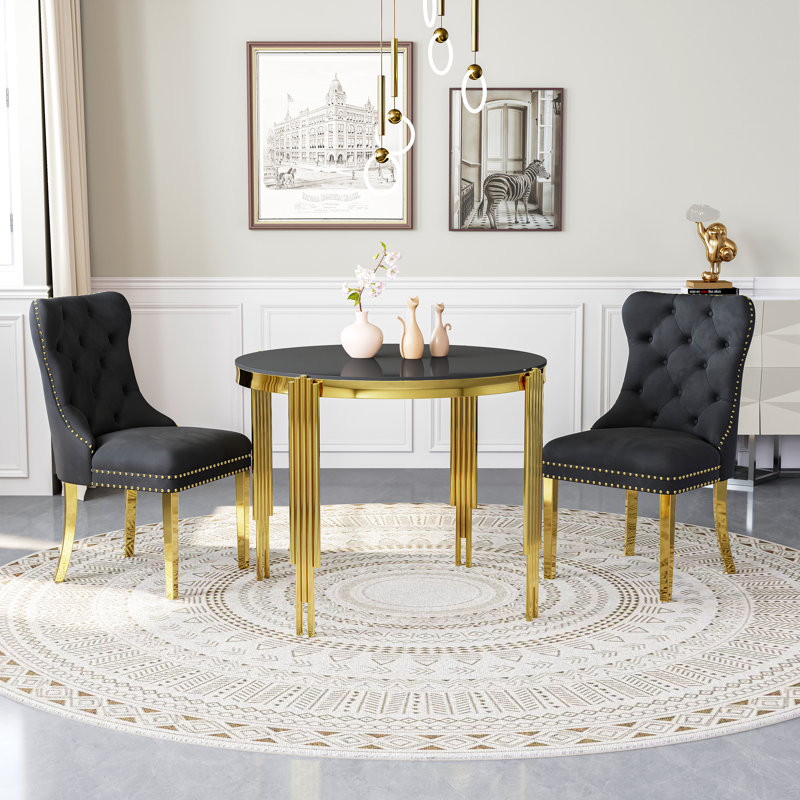 37"Modern Glass Dining Table Set, Irregular Stainless Steel Table Legs And Velvet Tufted Backrest Chairs, Black, Gold