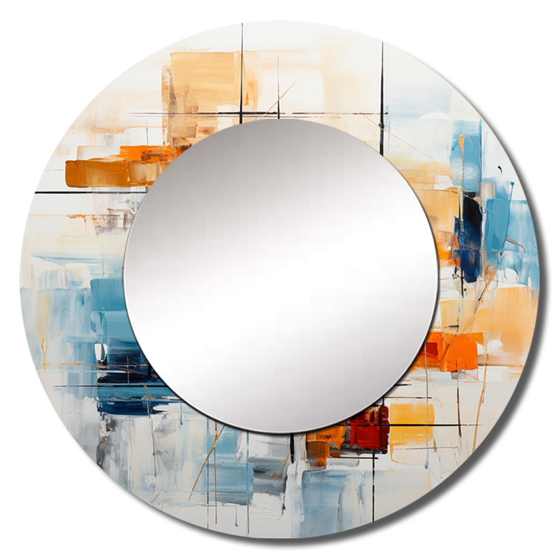 Sarp Colorful Mid Century Retro Reflections III - Midcentury Modern Decorative Wall Mirror, Mid-Century Modern Large Round Mirror, Printed Metal Art