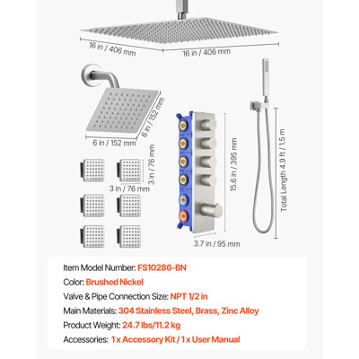 Ensemble de robinet de douche, système de douche de pluie thermostatique de plafond de 16 pouces avec tête de fixation murale de 6 pouces, 6 jets de corps et douchette, valve de pluie double en laiton et ensemble de garniture, nickel brossé