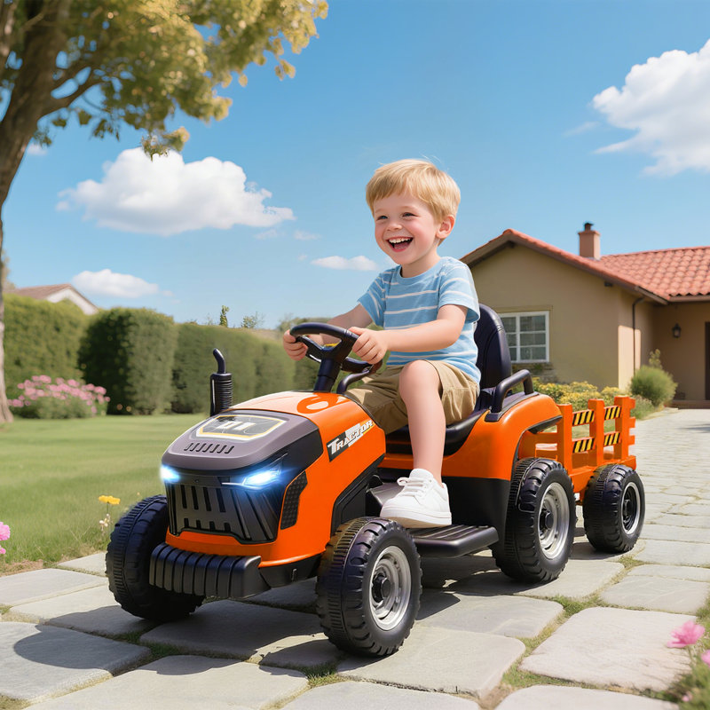 Kids Ride On Tractor with Trailor, Kids 12V Ride on Car, Orange, Orange
