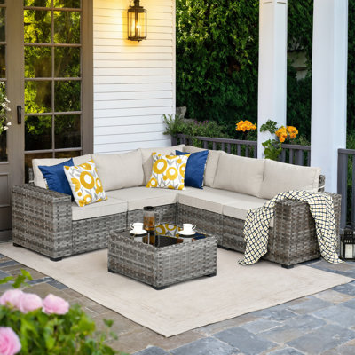 Baili 5 - Person Outdoor Wicker Sectional Seating Group with Cushions, Modern Modular Rattan Conversation Set, Patio Furniture Set with Wide Armrest