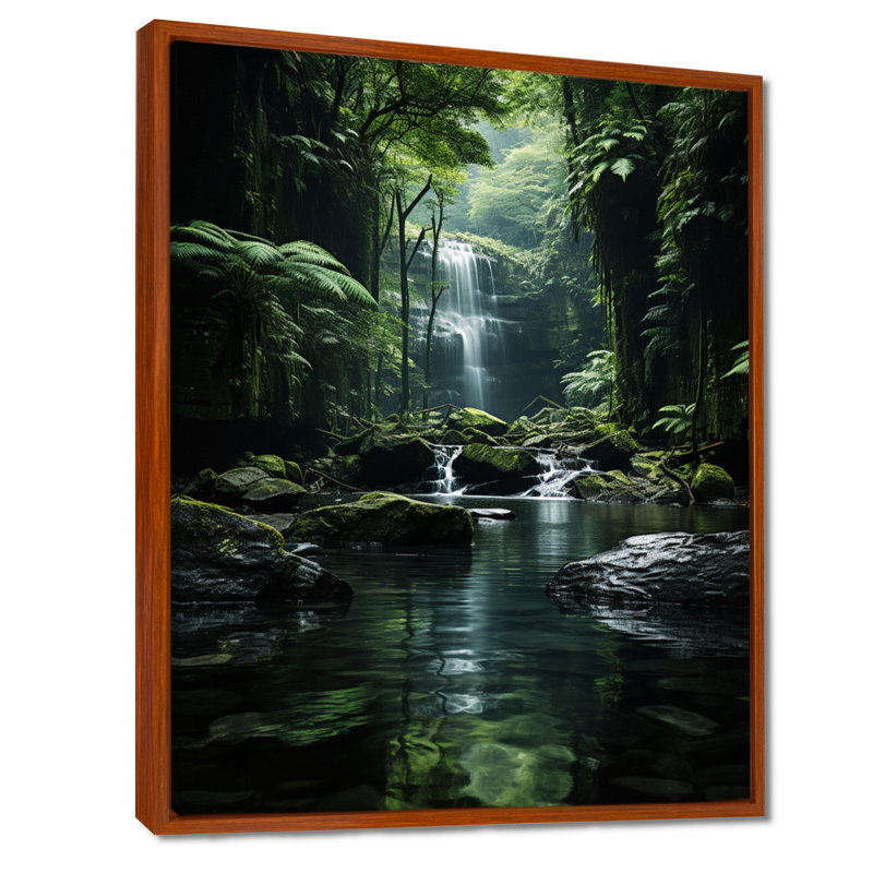 Waterfall Hidden Oasis Forest II, reproduction d'art sur toile, H 32 po x l 24 po x P 1 po, Cadre flottant brun