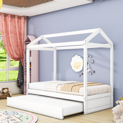 Lit simple en forme de maison avec lit gigogne simple et lattes