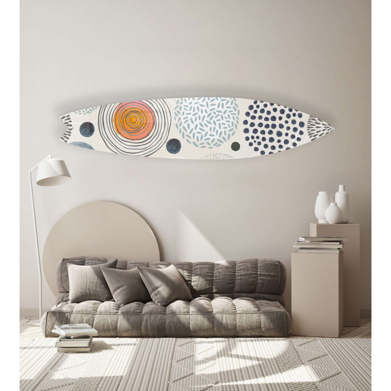 «USA Made Boho Circles», art mural de planche de surf - 70 po x 16 po, reproduction d'art acrylique sans cadre avec entretoises flottantes en aluminium, montage vertical ou horizontal, décor moderne