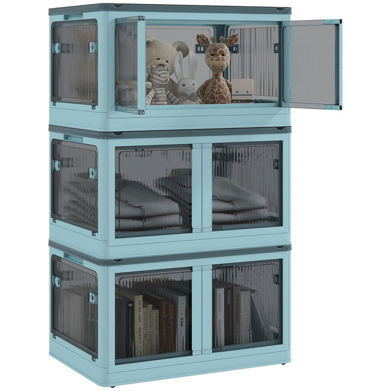 3 bacs de rangement empilables avec roulettes HOMcom, avec roulettes, pliables, 18 gal, bleu