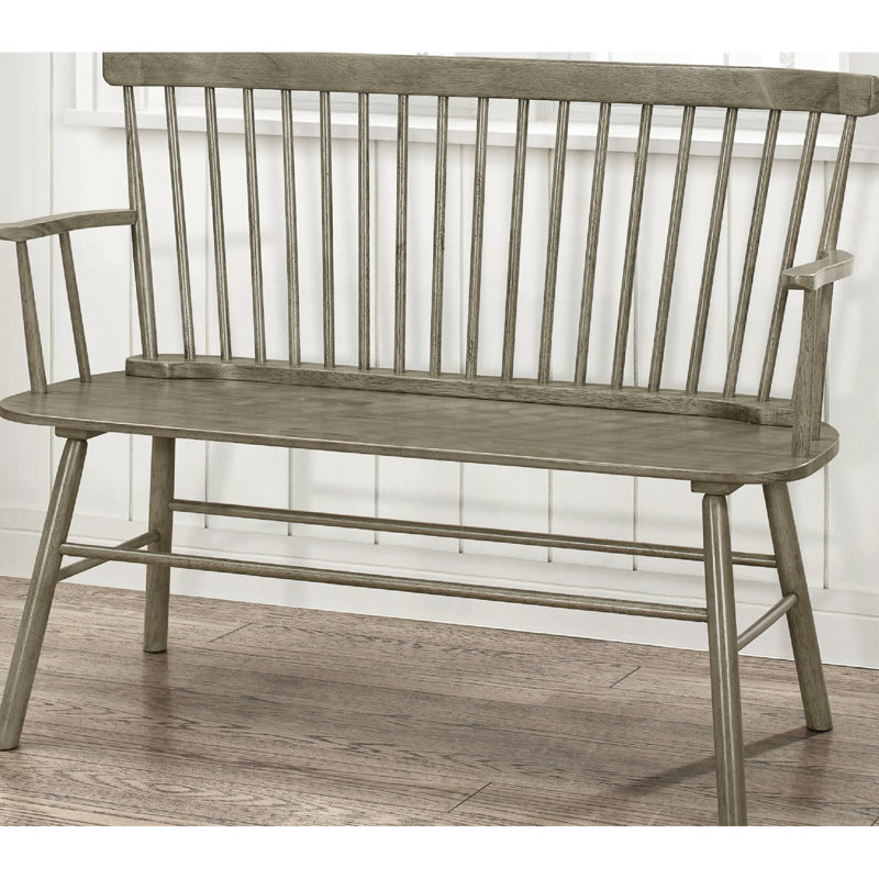 Vintage Style Gray Wood Bench With Spindle Back Relaxed And Arm Rest, Gray