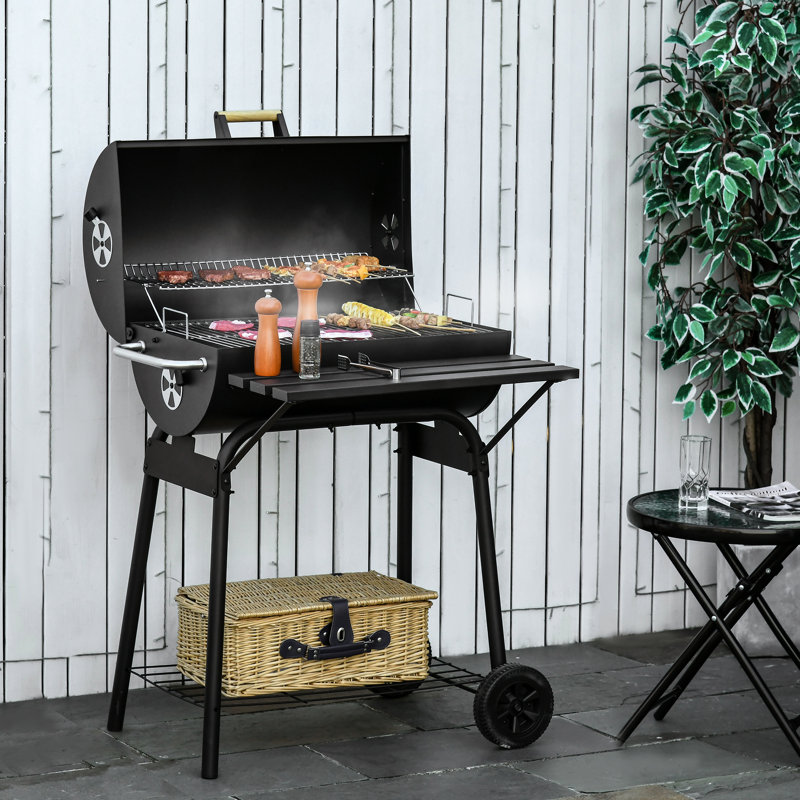 Barbecue portatif au charbon 30 po - Barbecue extérieur en acier avec tablette de rangement noir et roulettes pour le camping