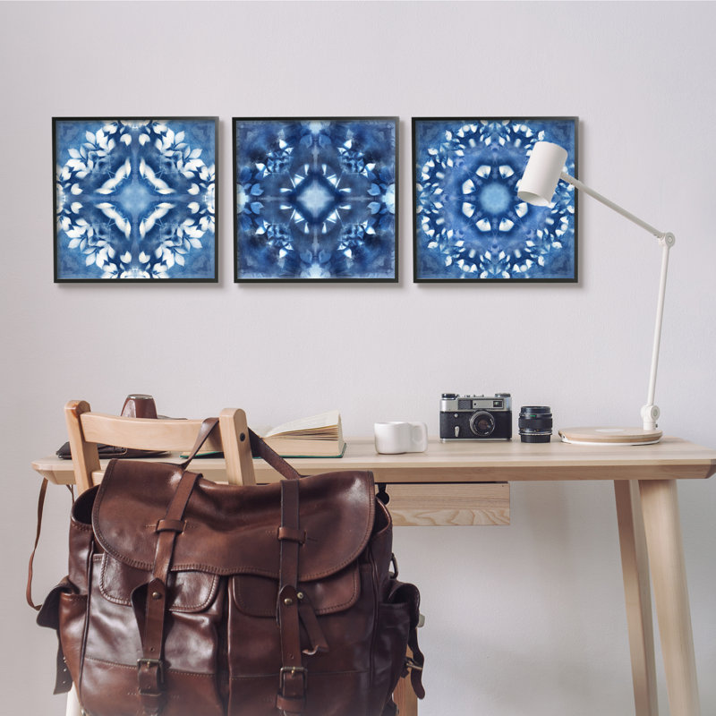 " Abstract Kaleidoscope Blue Tie Dye Patterns Fractal Shapes " 3 - Pieces, Black Framed Wood, 17" H x 17" W x 1.5" D