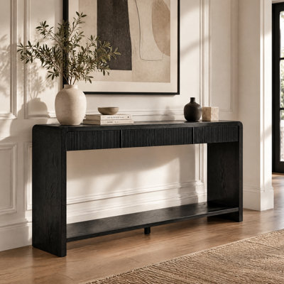 Console moderne cannelée de 150 cm avec tablette du bas ouverte, table d'appoint en bois pour l'entrée et le salon