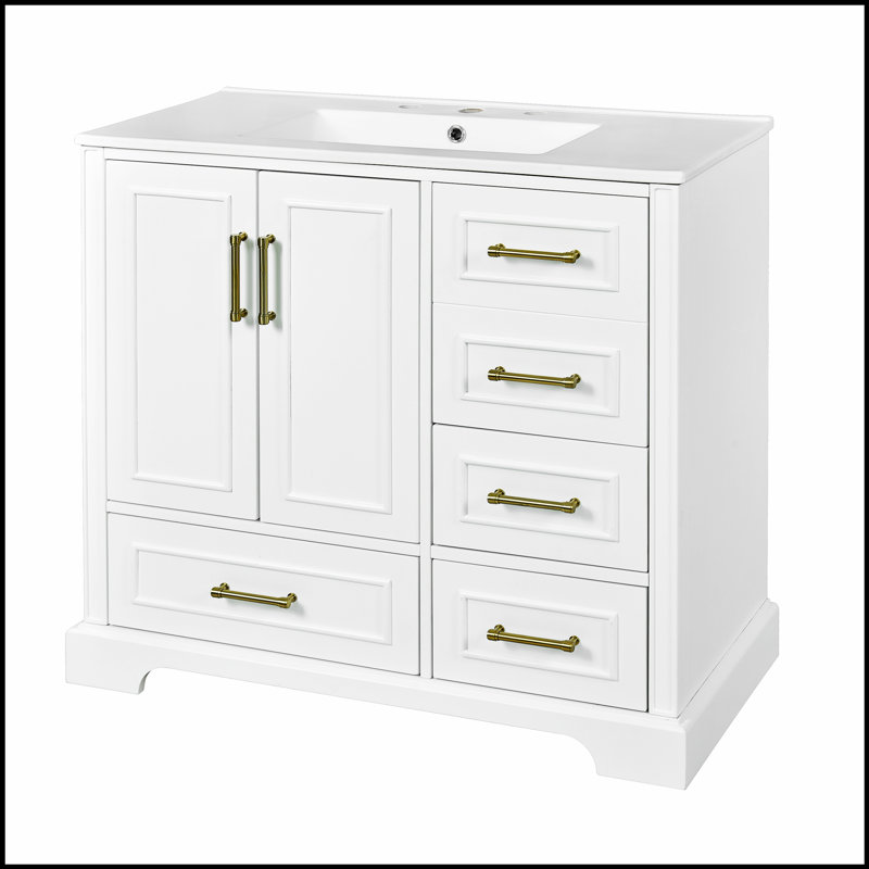 Meuble-lavabo traditionnel de 36 pouces avec lavabo en céramique, armoire blanche, portes à fermeture douce et tiroirs pour un rangement élégant