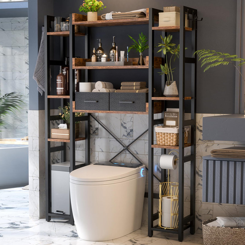 Rangement au-dessus de la toilette avec 2 tiroirs, Brun rustique / noir