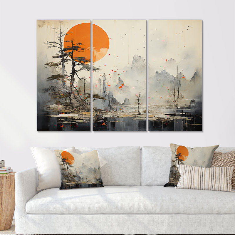 «Bold Sunset China Landscape Collage», ensemble d'art mural chinois, Toile tendue, H 40 po x l 60 po x P 1 po