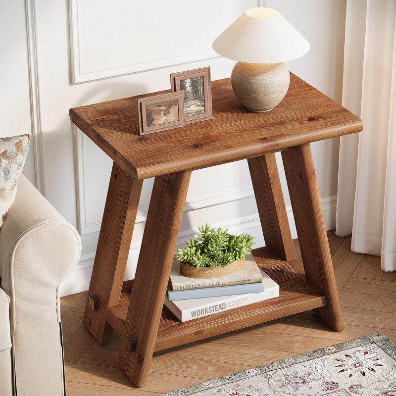Solid Wood End Table With Storage Shelf For Living Room