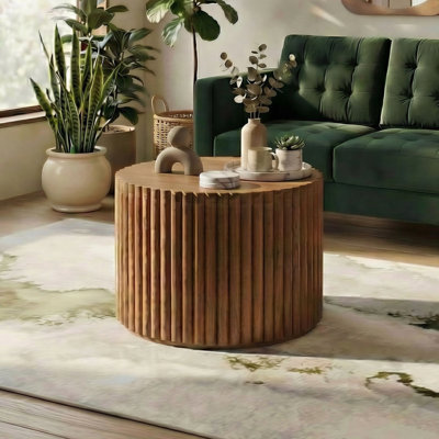 Hoodle Cylindrical Walnut Stained Wooden Fluted Finish Coffee Table - Bold Simple Design