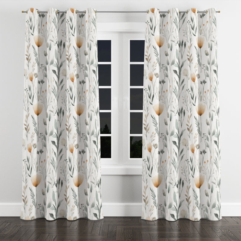 Country Farmhouse Room Darkening Curtains - Green Soft Prairie Cottage Grommet Curtain - 1 Panel, Gold Grommets